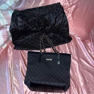 Vintage Gucci Black GG Denim Chain Bucket Tote Bag